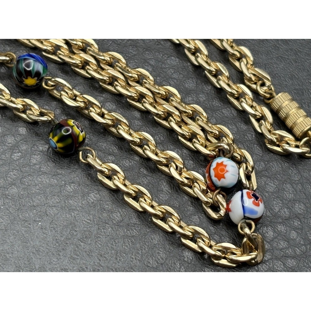 Vintage Millefiori Murano Large Pendant Necklace Gold Tone Chain 28" Long - Picture 7 of 12